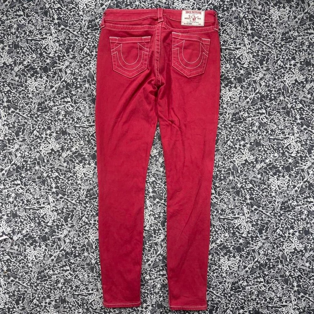 ๐True Religion Red Low Rise Skinny Jeans Size 27 Y2K Contrast Stitch - Picture 3 of 8